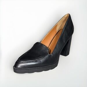 Adrienne Vittadini Nami Black Leather Loafer Pump SZ 7.5 Pointed Toe Block Heel